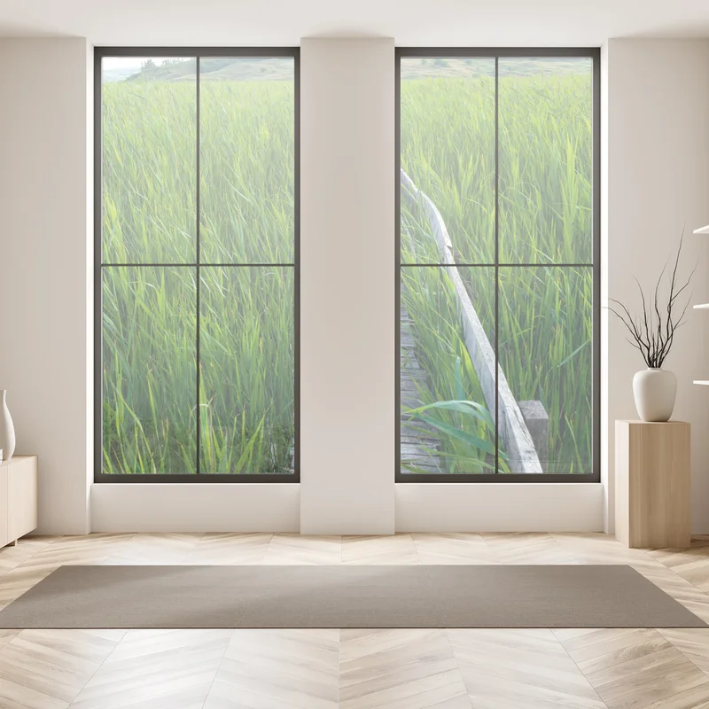 Naklejka na okno spokojny zielony pomost przez trzcinowisko do rustykalnej chaty