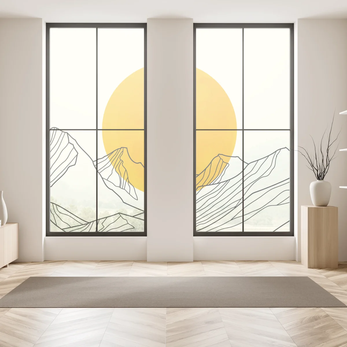 Fensteraufkleber goldene sonne über minimalistischen bergen Fensteraufkleber goldene sonne über minimalistischen bergen