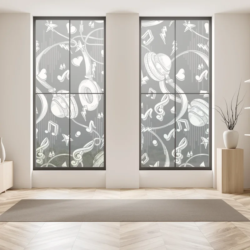 Fensteraufkleber monochromatisches muster mit kopfhörern und noten