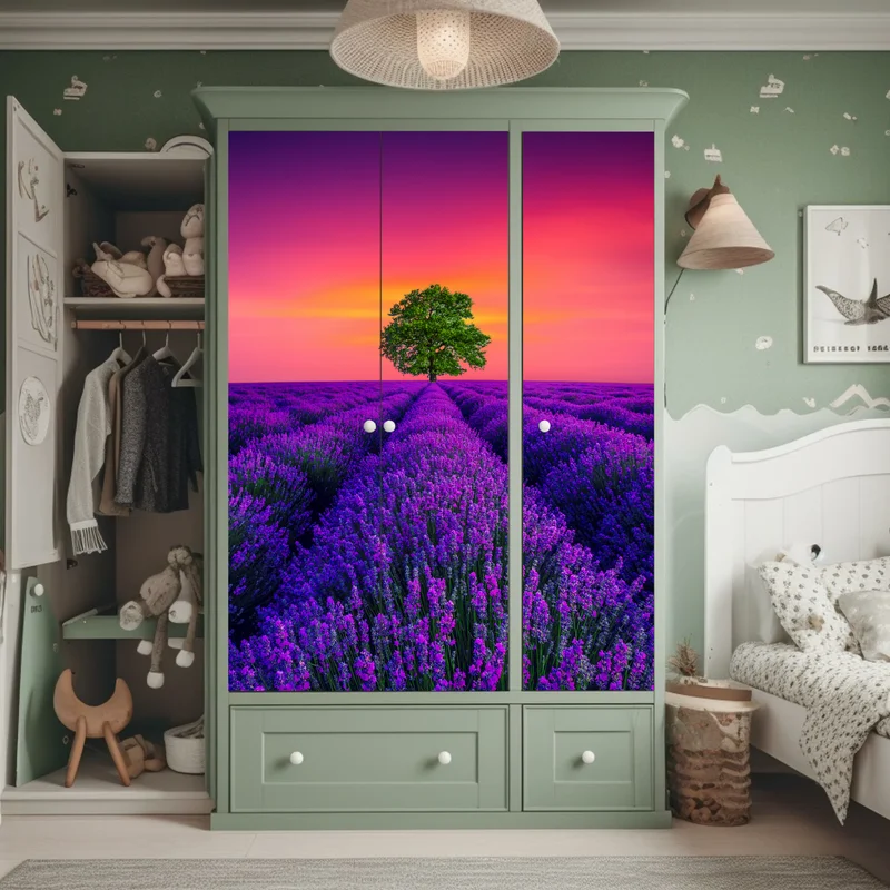 Schrankaufkleber lavendelfeld bei sonnenuntergang mit einsamem baum