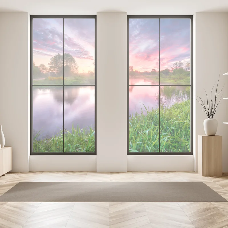 Fensteraufkleber ruhiger sommer sonnenaufgang am flussufer