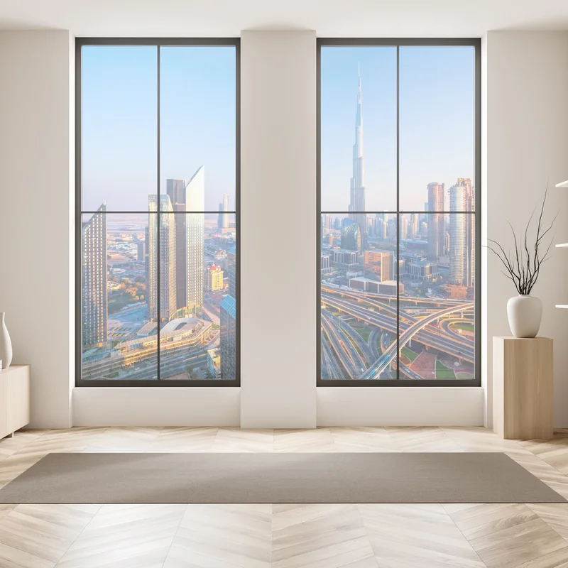 Naklejka na okno panorama Dubaju z Burj Khalifa o zachodzie słońca Naklejka na okno panorama Dubaju z Burj Khalifa o zachodzie słońca