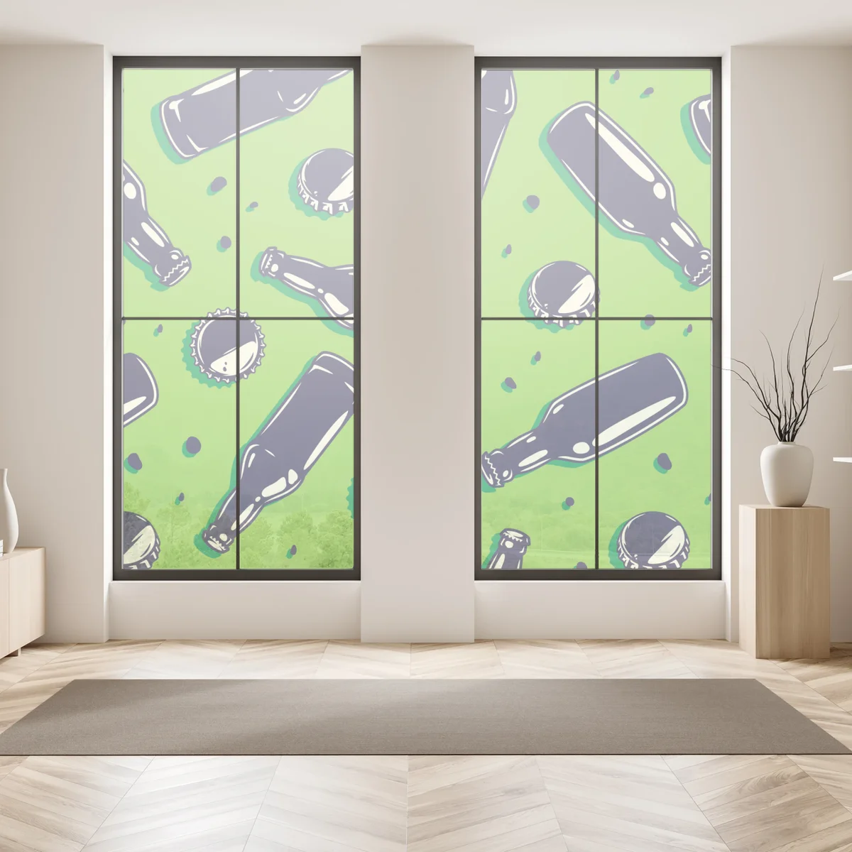 Fensteraufkleber grünes pop-art-muster mit bierflaschen und kronkorken Fensteraufkleber grünes pop-art-muster mit bierflaschen und kronkorken