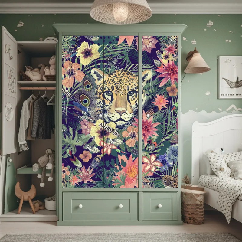 Schrankaufkleber vintage aquarell leopard im tropischen dschungel Schrankaufkleber vintage aquarell leopard im tropischen dschungel