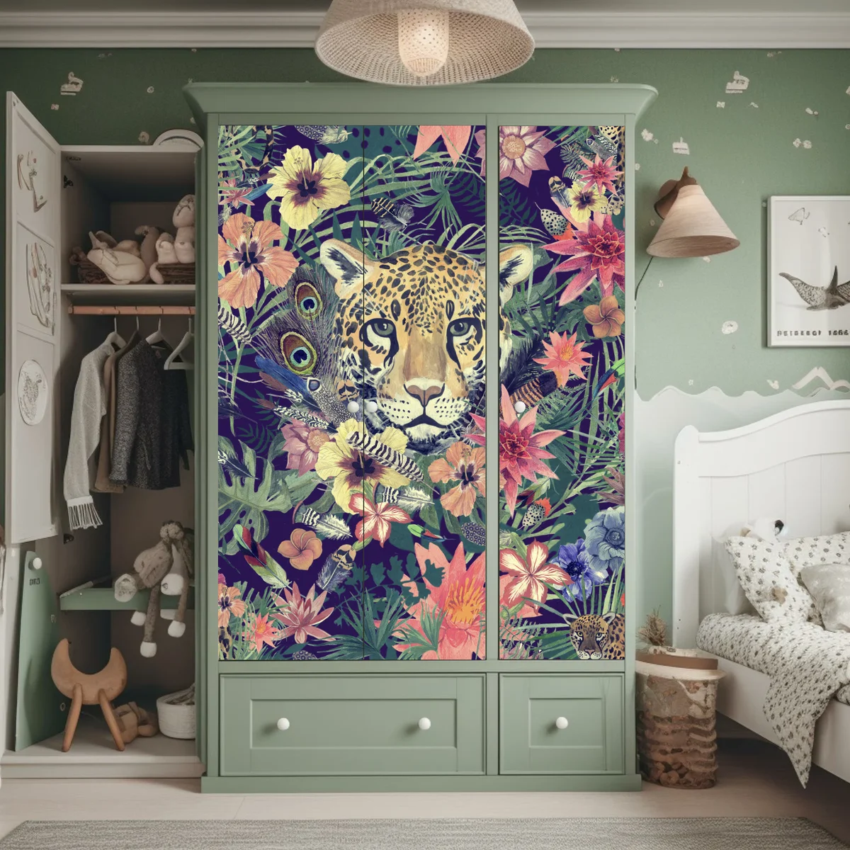 Schrankaufkleber vintage aquarell leopard im tropischen dschungel Schrankaufkleber vintage aquarell leopard im tropischen dschungel