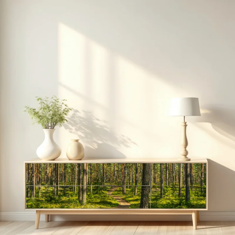 Repositionierbarer Aufkleber sonniger kiefernwaldweg