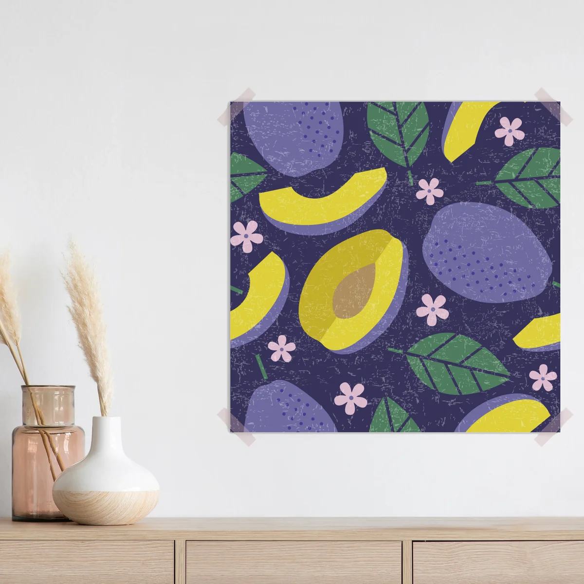 Poster verspieltes pflaumenmuster mit blättern Poster verspieltes pflaumenmuster mit blättern