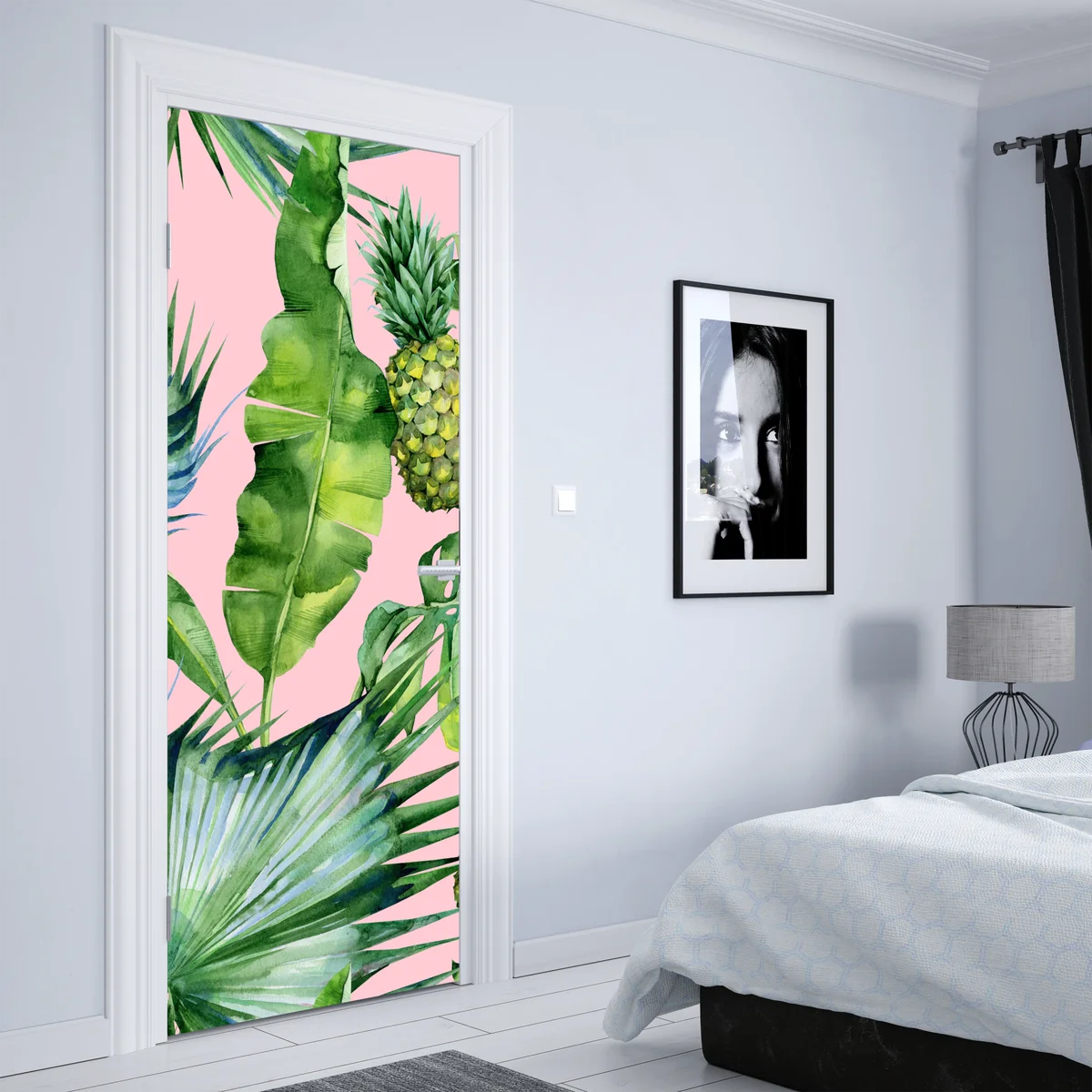 Türaufkleber tropisches ananas- und blattmuster in aquarell auf rosa hintergrund Türaufkleber tropisches ananas- und blattmuster in aquarell auf rosa hintergrund