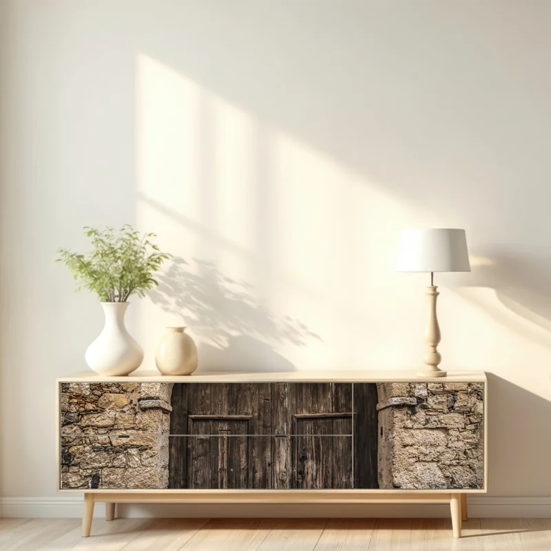 Repositionierbarer Aufkleber rustikale holztür mit steinbogen