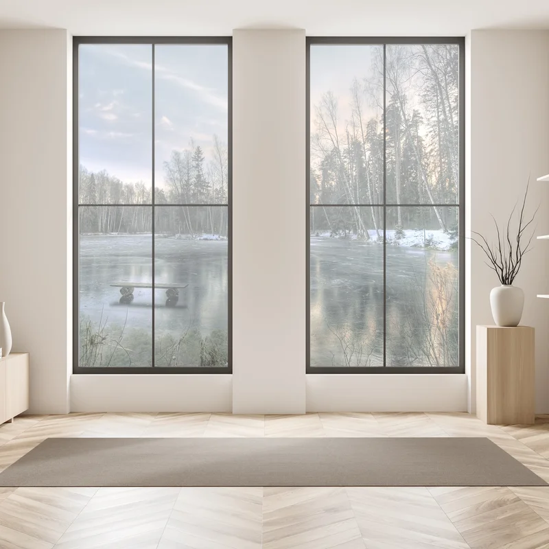 Fensteraufkleber vereister see im dämmerlicht mit waldspiegelung