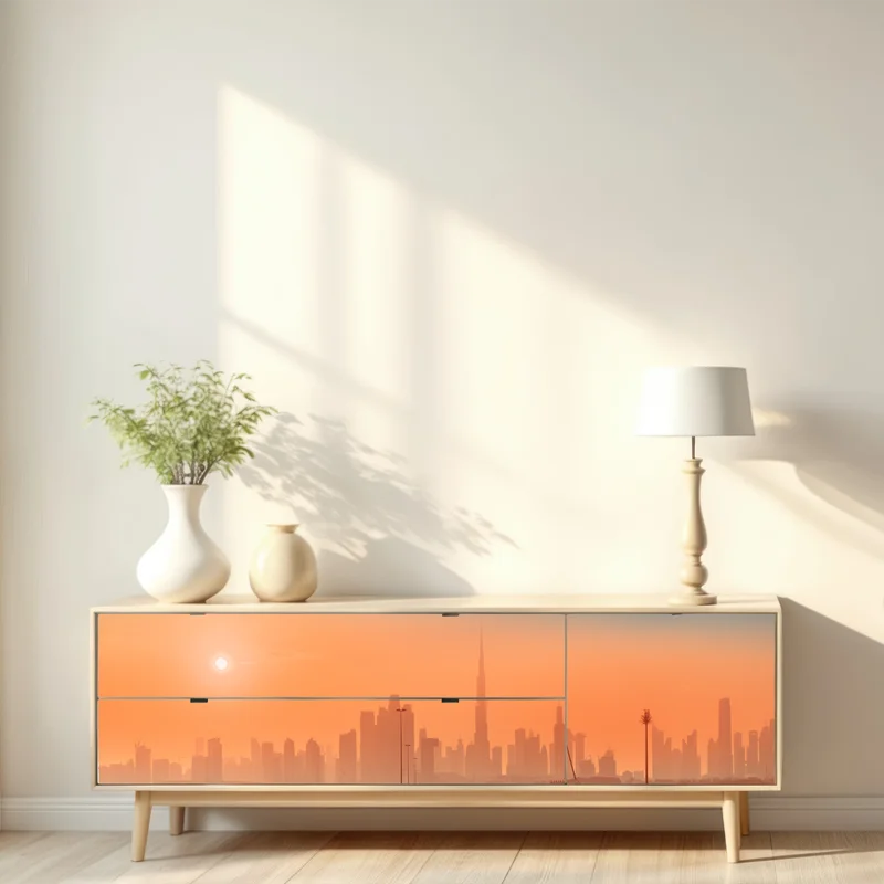 Repositionierbarer Aufkleber Dubai skyline bei sonnenaufgang