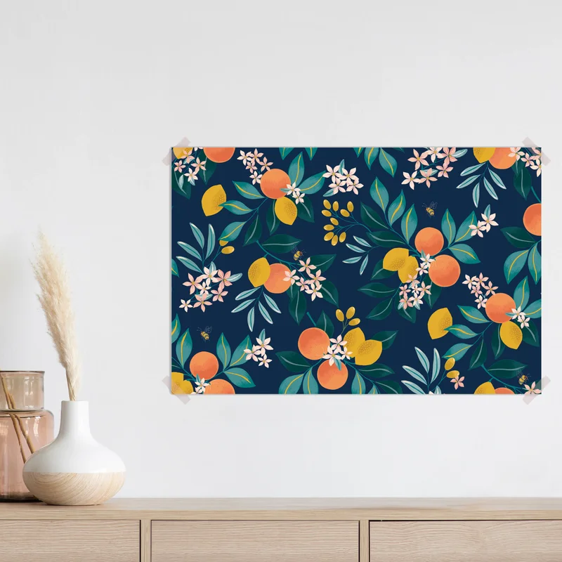 Poster botanisches zitronen- und orangenmuster auf marineblauem hintergrund Poster botanisches zitronen- und orangenmuster auf marineblauem hintergrund