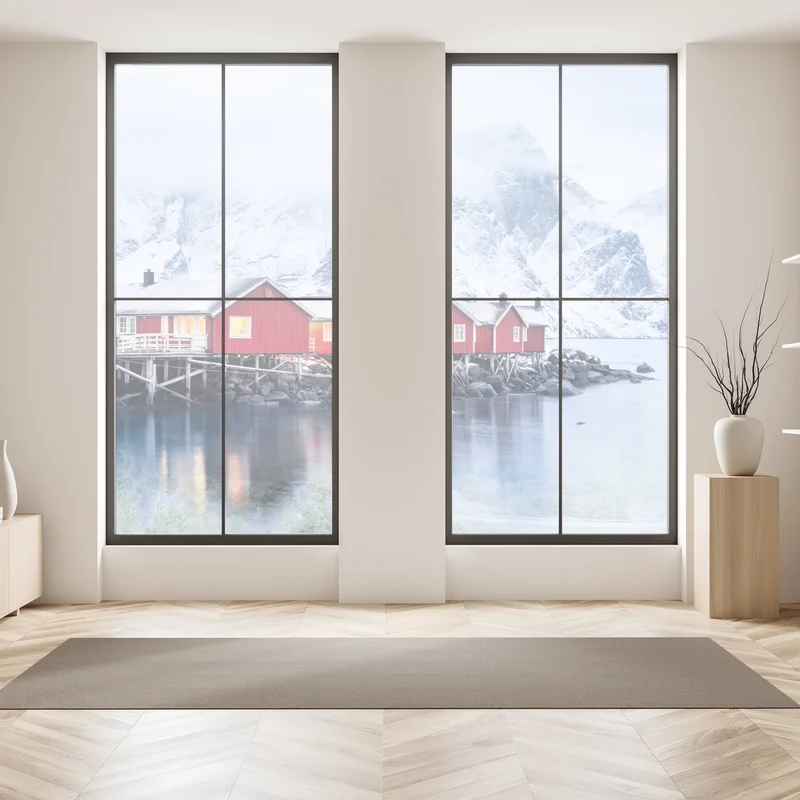 Fensteraufkleber sonnenaufgang über den roten hütten der Lofoten