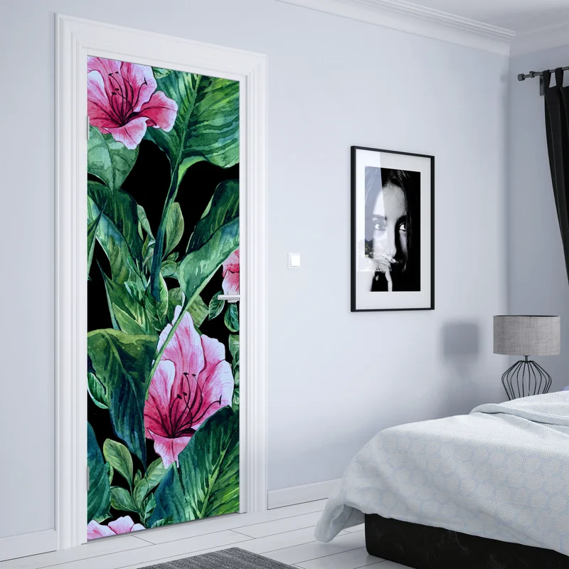 Türaufkleber rosa aquarellblumen auf schwarzem hintergrund Türaufkleber rosa aquarellblumen auf schwarzem hintergrund