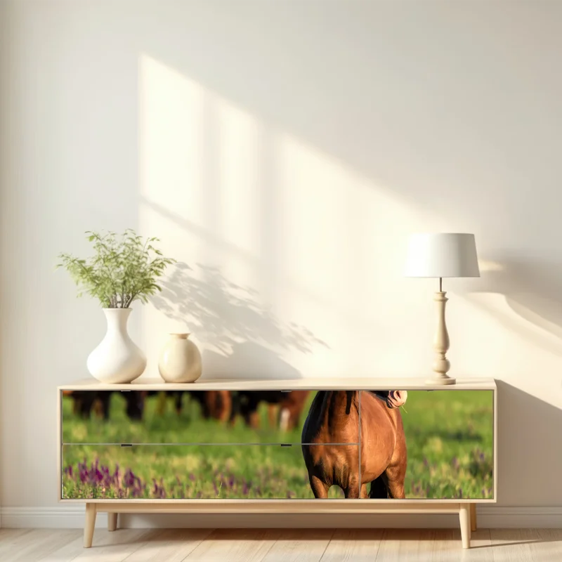 Repositionierbarer Aufkleber majestätisches braunes pferd auf einer sonnenbeschienenen wiese