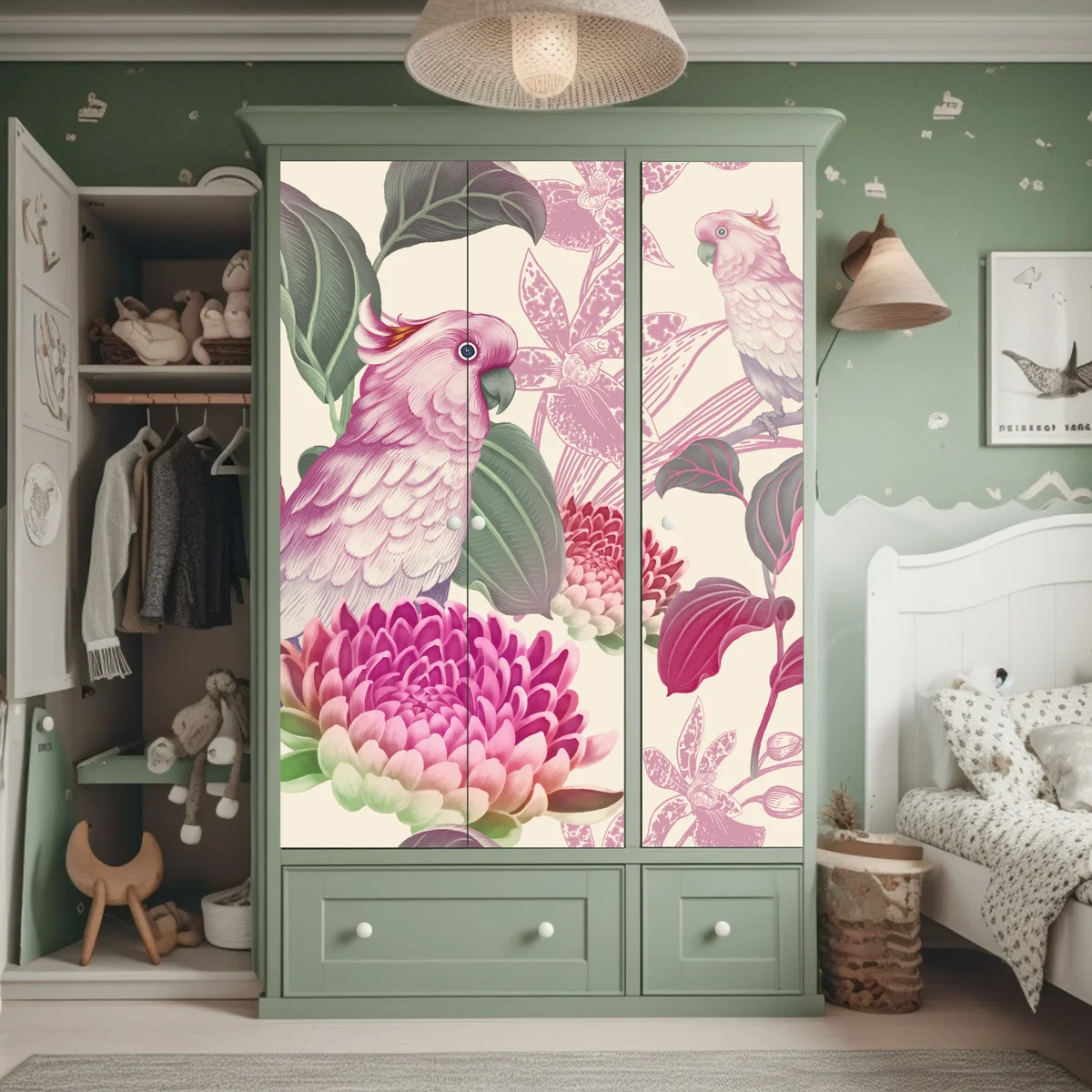 Schrankaufkleber rosa papagei und chrysantheme - botanisches motiv Schrankaufkleber rosa papagei und chrysantheme - botanisches motiv