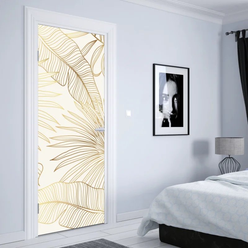 Türaufkleber goldene tropische blätter auf beigem hintergrund Türaufkleber goldene tropische blätter auf beigem hintergrund