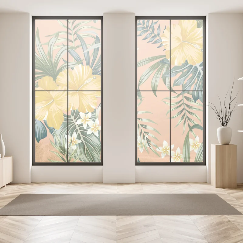 Fensteraufkleber tropisches hibiskusmuster auf pfirsichfarbenem hintergrund