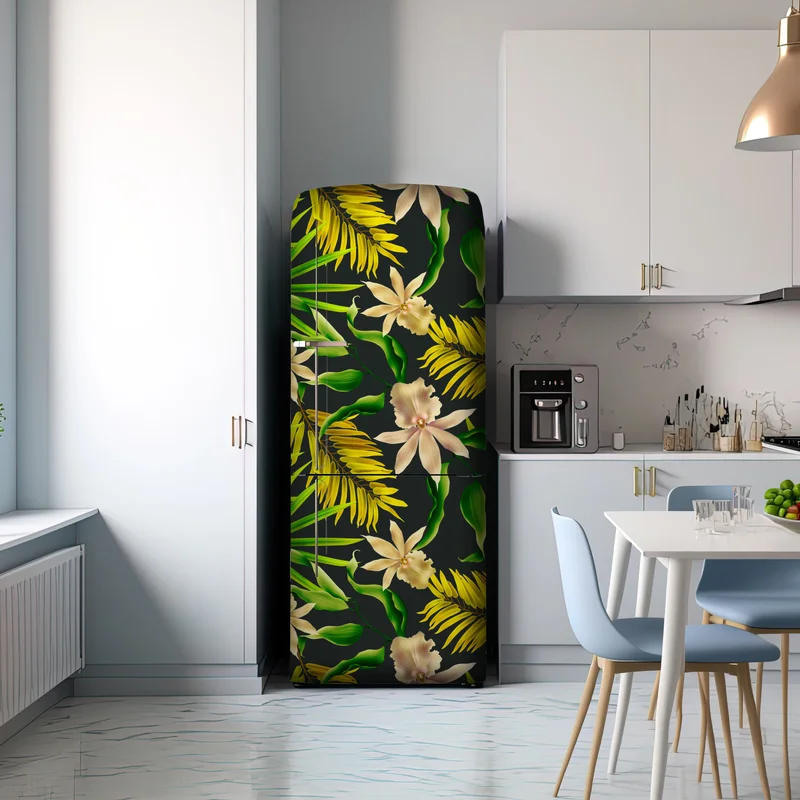 Kühlschrankaufkleber tropisches orchideenmuster auf dunklem hintergrund Kühlschrankaufkleber tropisches orchideenmuster auf dunklem hintergrund