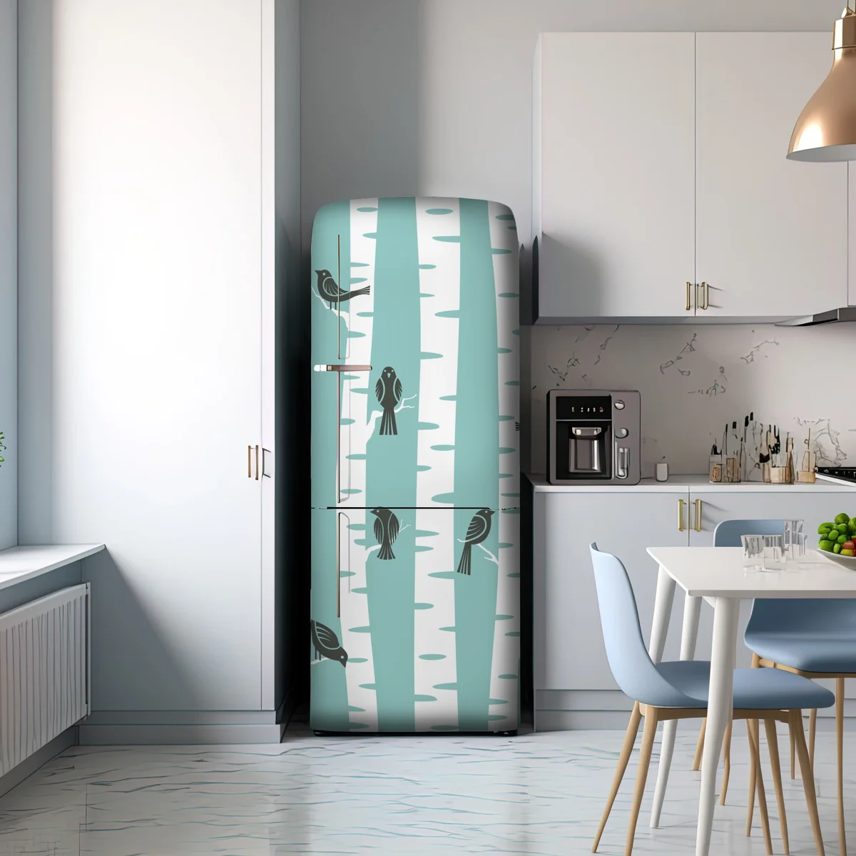 Kühlschrankaufkleber türkis birkenwald mit vögeln Kühlschrankaufkleber türkis birkenwald mit vögeln