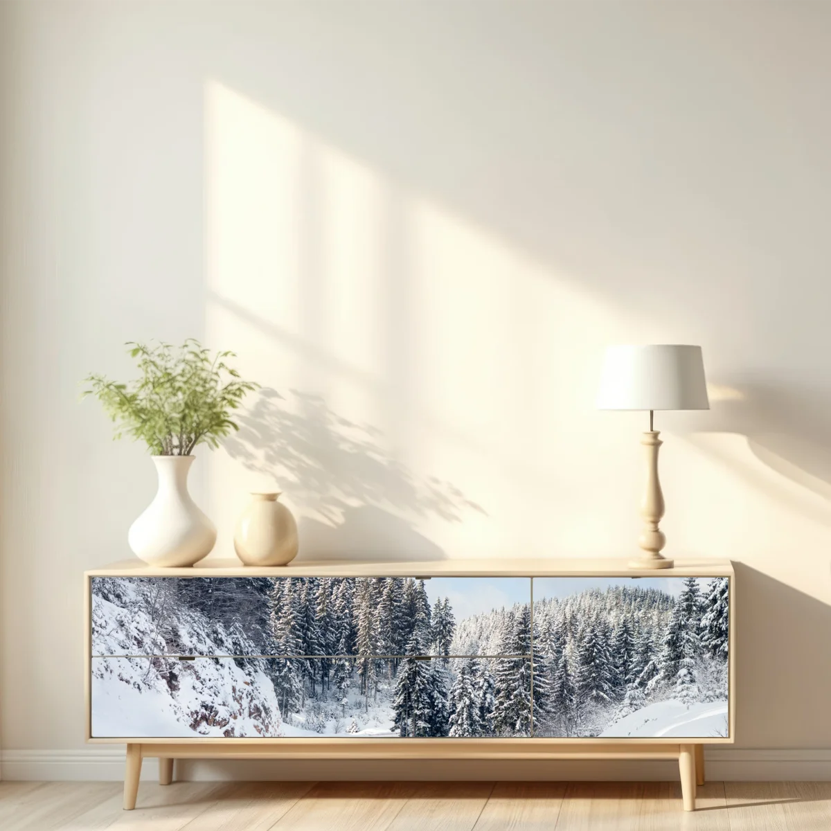 Repositionierbarer Aufkleber winterstraße durch verschneiten nadelwald Repositionierbarer Aufkleber winterstraße durch verschneiten nadelwald