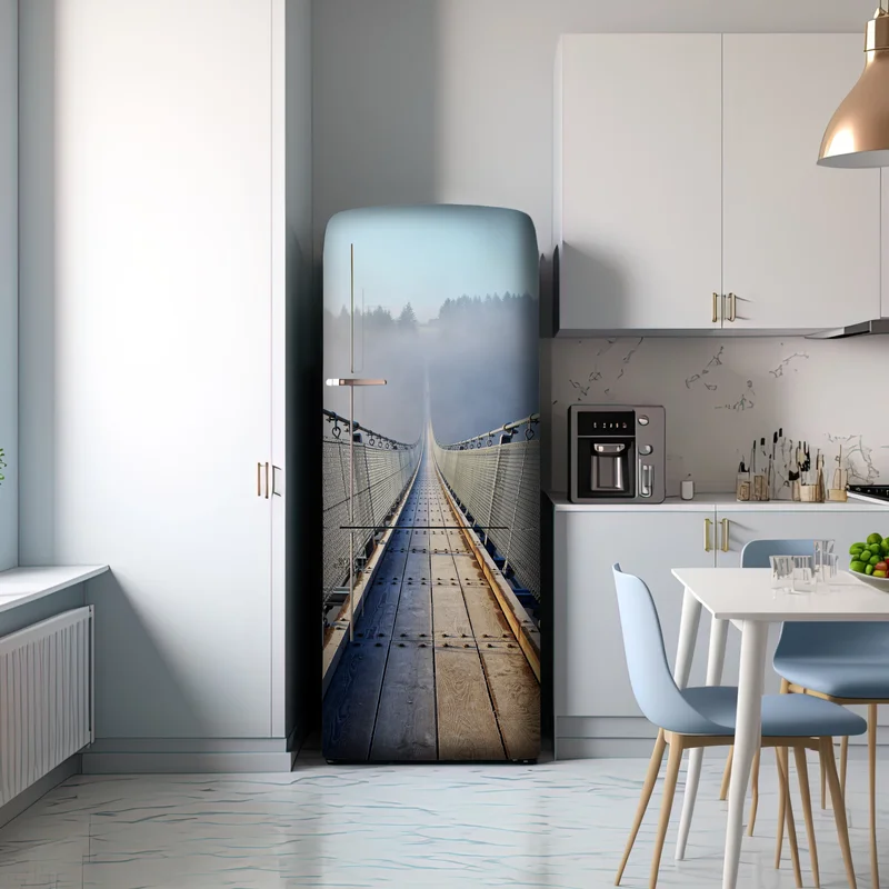 Kühlschrankaufkleber neblige hängebrücke, die in den wald führt Kühlschrankaufkleber neblige hängebrücke, die in den wald führt