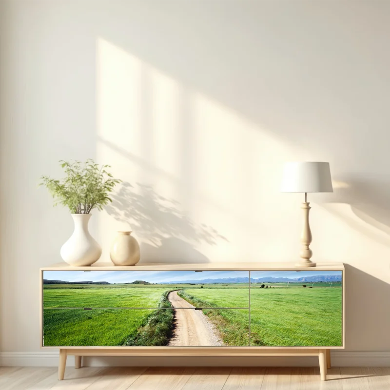 Repositionierbarer Aufkleber gewundener landweg durch grüne wiesen