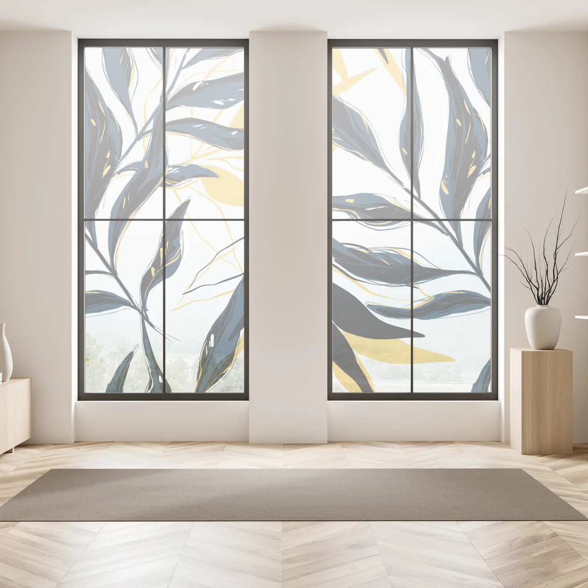 Fensteraufkleber marineblaue und goldene botanische blattkomposition Fensteraufkleber marineblaue und goldene botanische blattkomposition