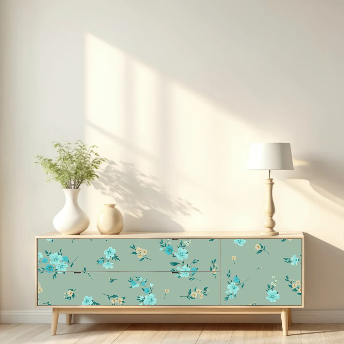 Repositionierbarer Aufkleber pastell türkis blumenmuster auf salbeigrünem hintergrund Repositionierbarer Aufkleber pastell türkis blumenmuster auf salbeigrünem hintergrund