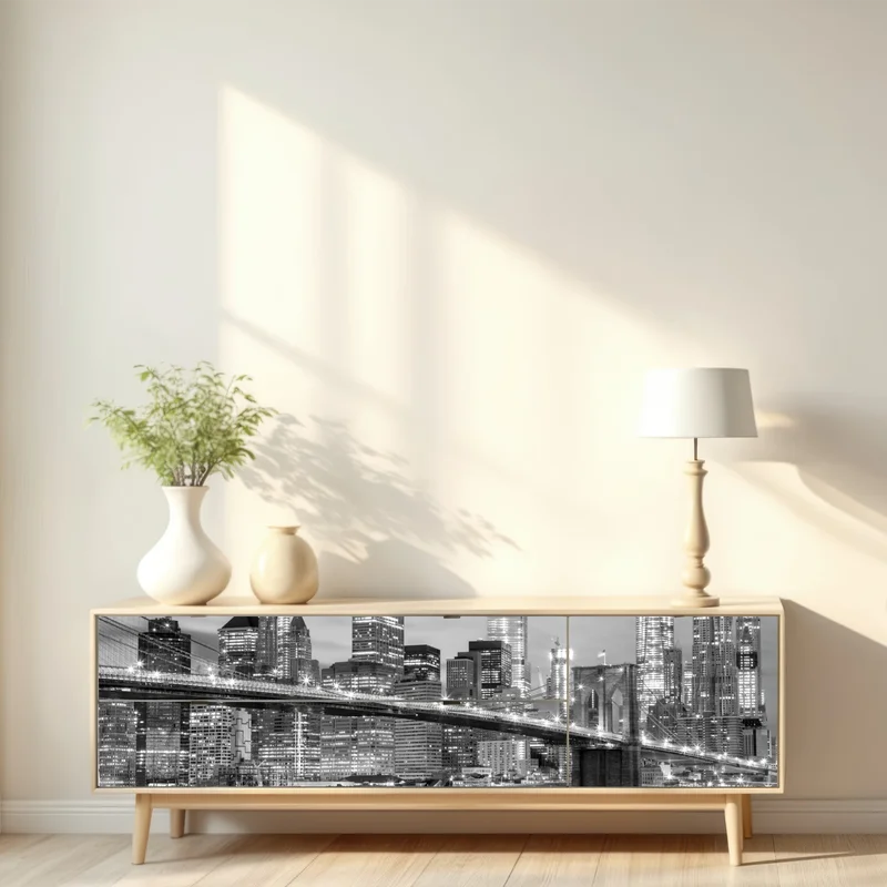 Repositionierbarer Aufkleber schwarzweiß skyline von New York mit Brooklyn Bridge