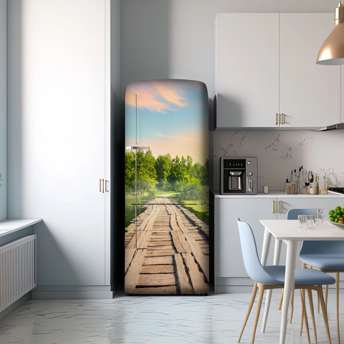 Kühlschrankaufkleber sonnige hölzerne brücke über ruhigen see Kühlschrankaufkleber sonnige hölzerne brücke über ruhigen see