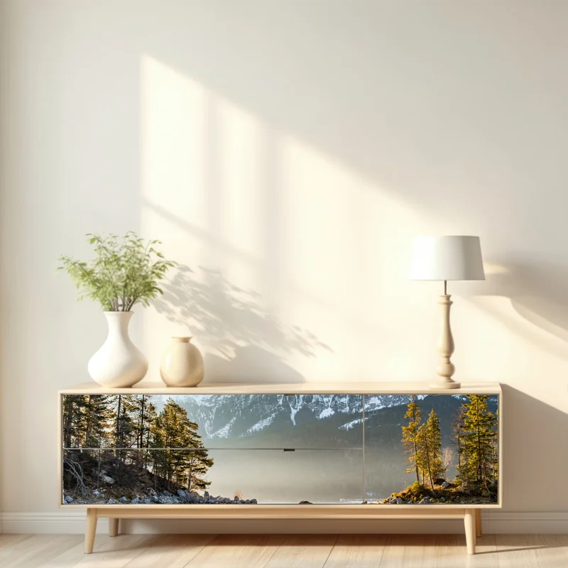 Repositionierbarer Aufkleber bergsee spiegelung bei sonnenaufgang