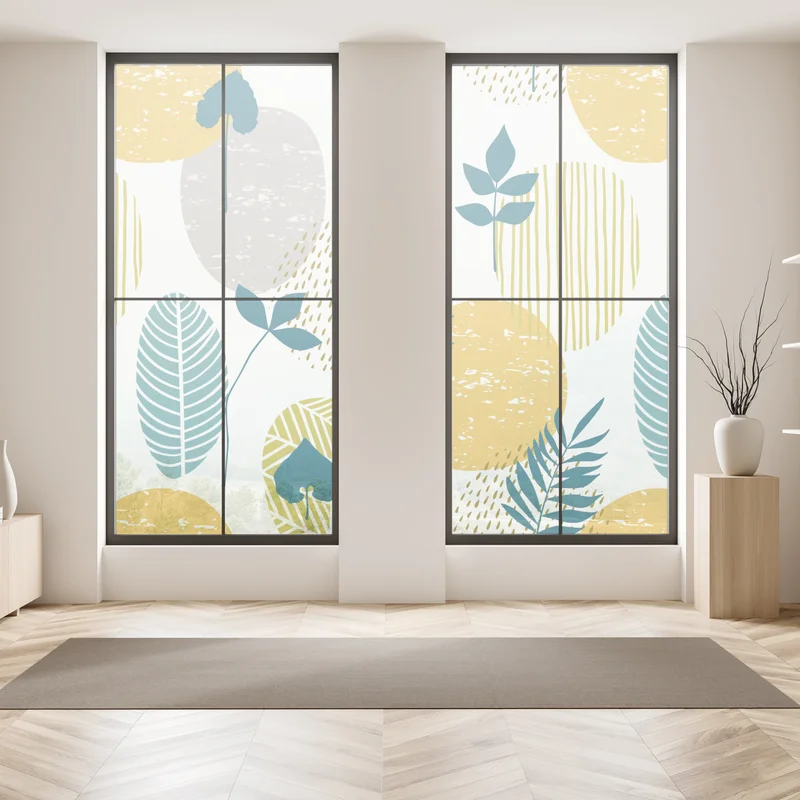 Fensteraufkleber türkis-senfgelbes botanisches muster