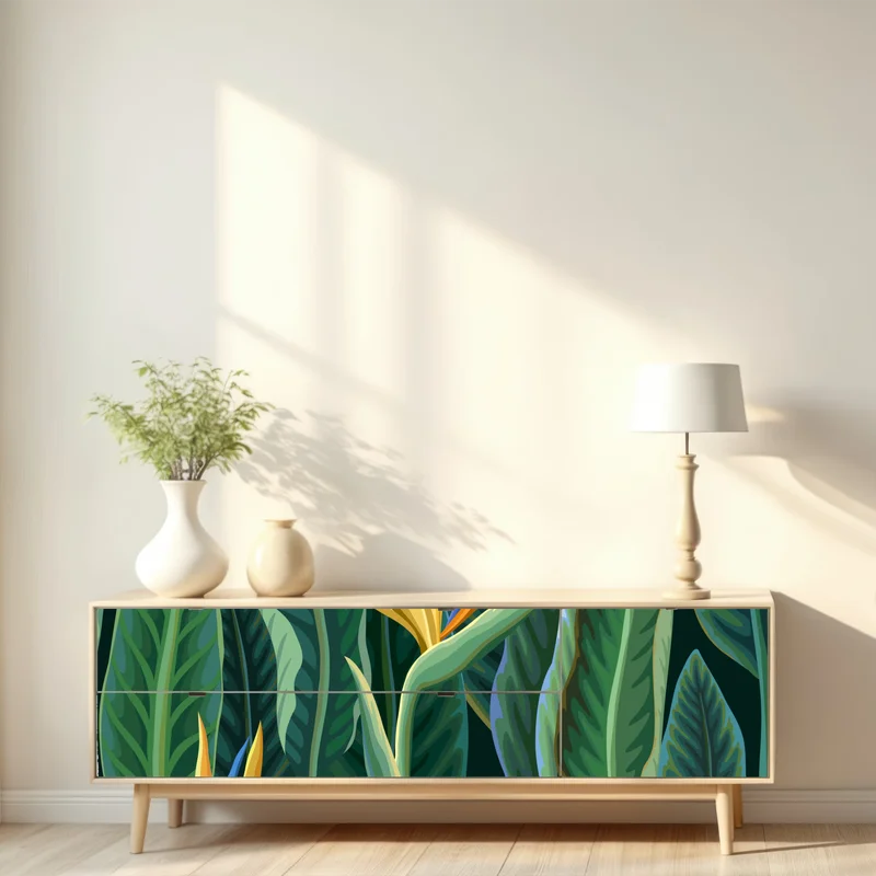 Repositionierbarer Aufkleber tropische illustration mit strelitzie und üppigen blättern Repositionierbarer Aufkleber tropische illustration mit strelitzie und üppigen blättern