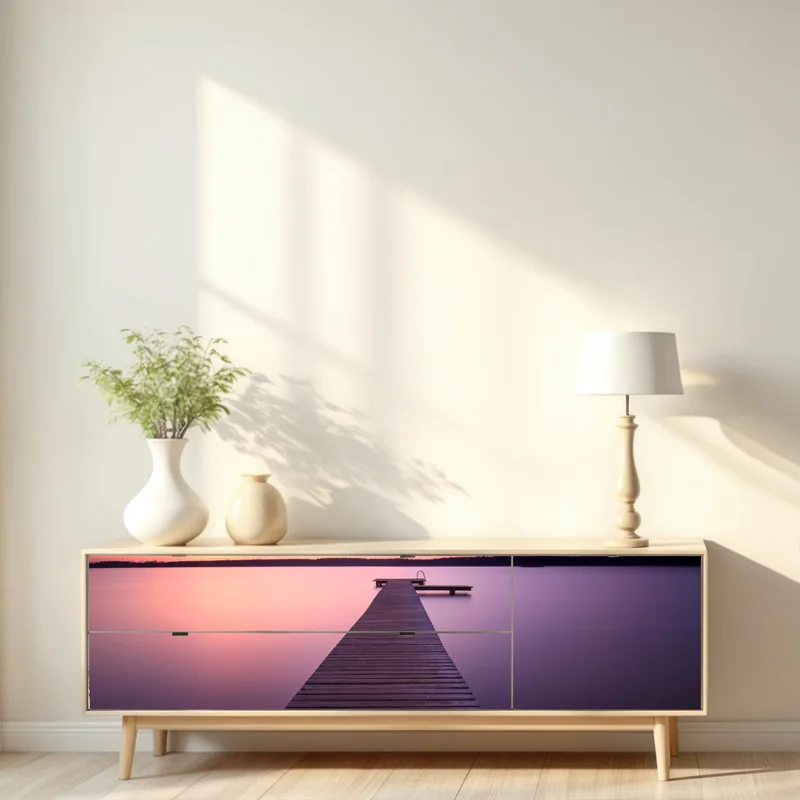 Repositionierbarer Aufkleber ruhiger pastellsonnenuntergang am see mit steg