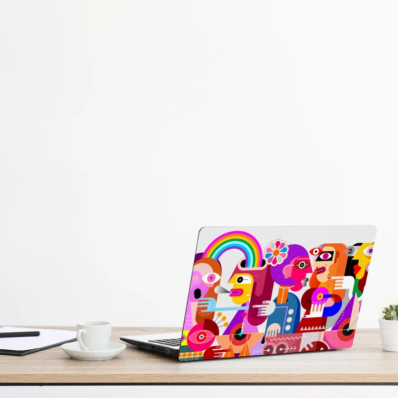 Laptop-Aufkleber mann mit regenbogen reitet geometrischen vogel