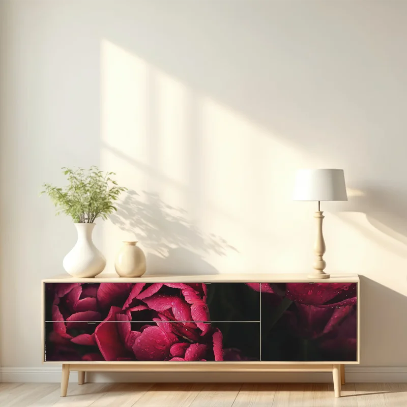 Repositionierbarer Aufkleber tiefrote blüten mit wassertropfen