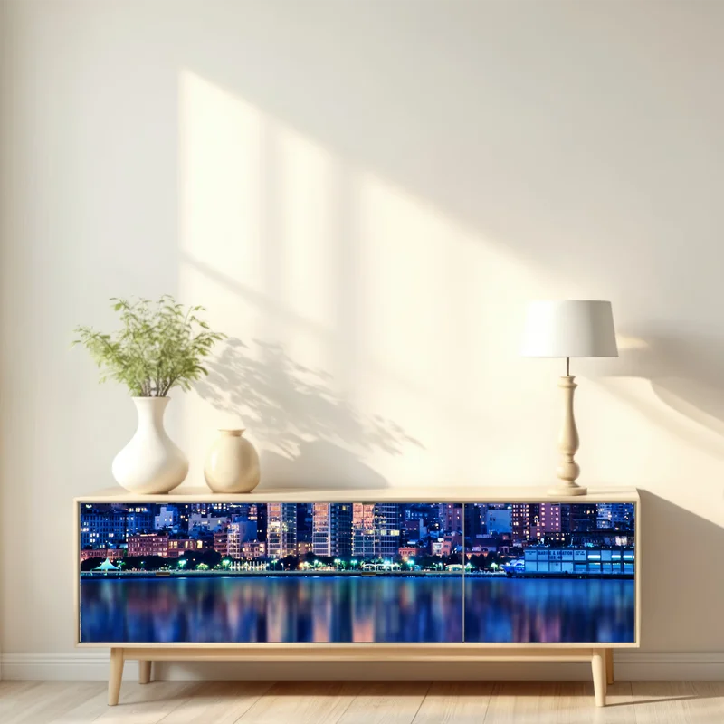 Repositionierbarer Aufkleber New York skyline bei nacht mit spiegelung