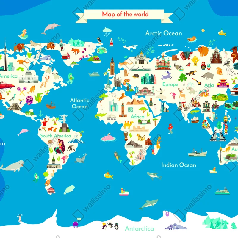 Fototapeta kolorowa ilustrowana mapa świata dla dzieci Fototapeta kolorowa ilustrowana mapa świata dla dzieci