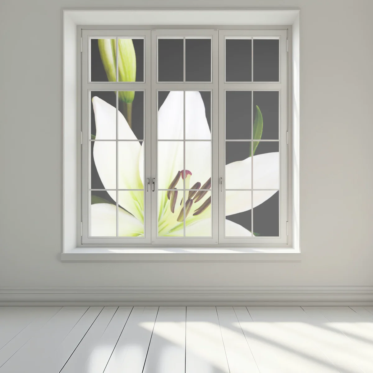 Fensteraufkleber weiße lilie vor schwarzem hintergrund Fensteraufkleber weiße lilie vor schwarzem hintergrund