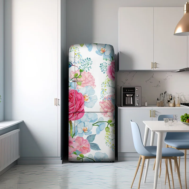 Kühlschrankaufkleber rosa aquarell blumengarten mit kolibri