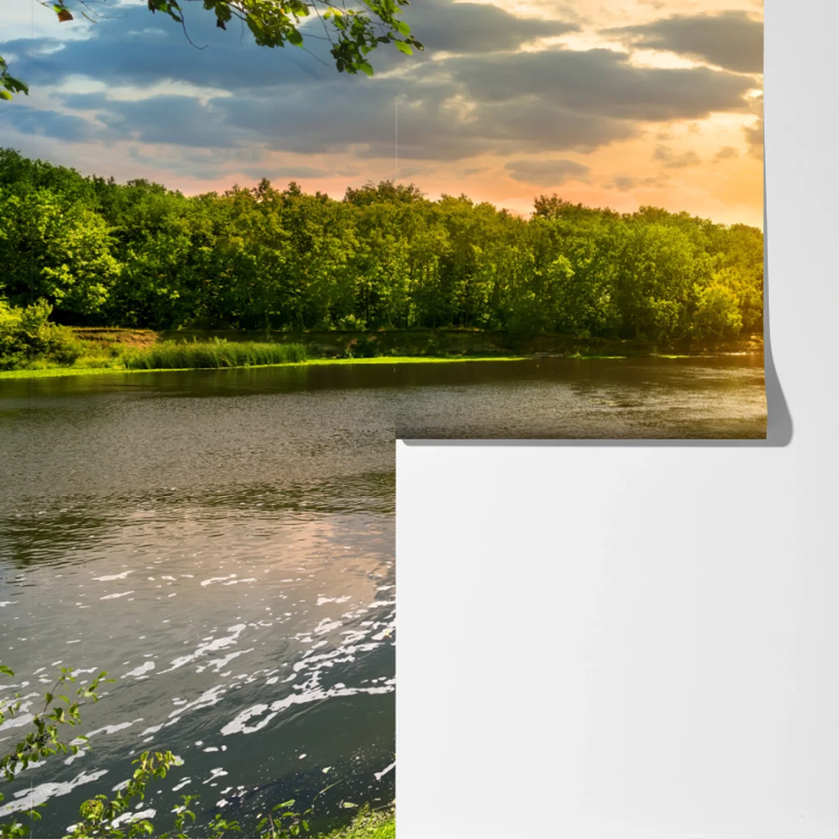 Fototapete ruhiger sonnenuntergang am fluss im grünen wald Fototapete ruhiger sonnenuntergang am fluss im grünen wald