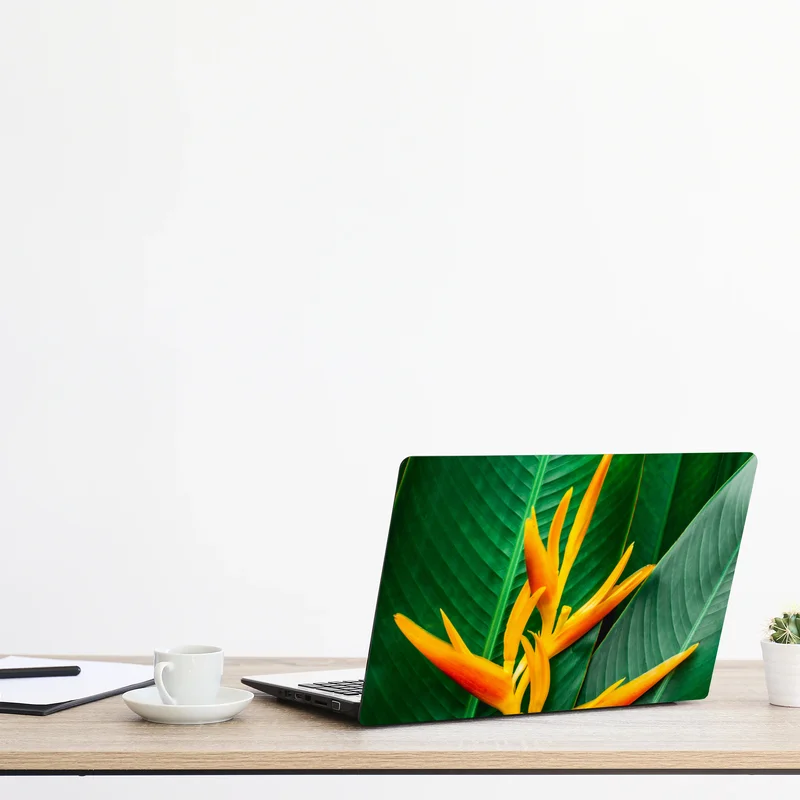 Naklejka na laptopa żywa heliconia na zielonych liściach