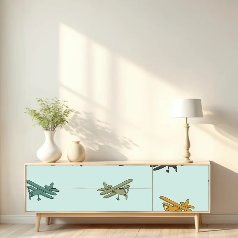 Repositionierbarer Aufkleber muster mit doppeldeckern auf türkisgrund