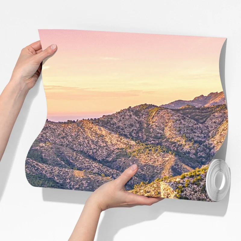 Fototapete sonnenuntergang über küstenlandschaft mit dorf am kliff Fototapete sonnenuntergang über küstenlandschaft mit dorf am kliff