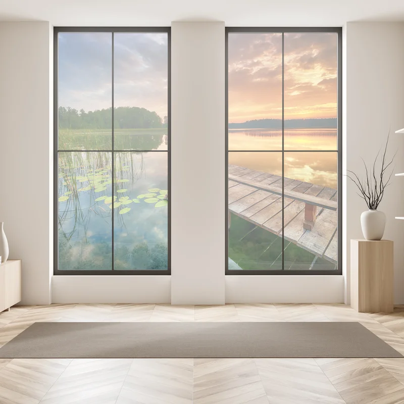 Fensteraufkleber goldener sonnenaufgang über ruhigem see