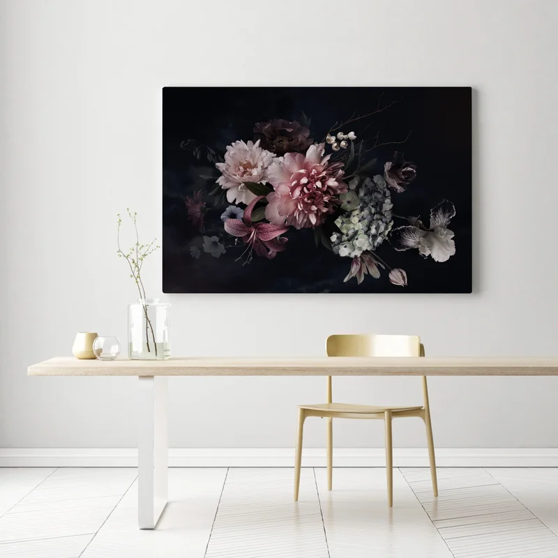 Leinwandbild düsterer pfingstrosen- und hortensienstrauß Leinwandbild düsterer pfingstrosen- und hortensienstrauß