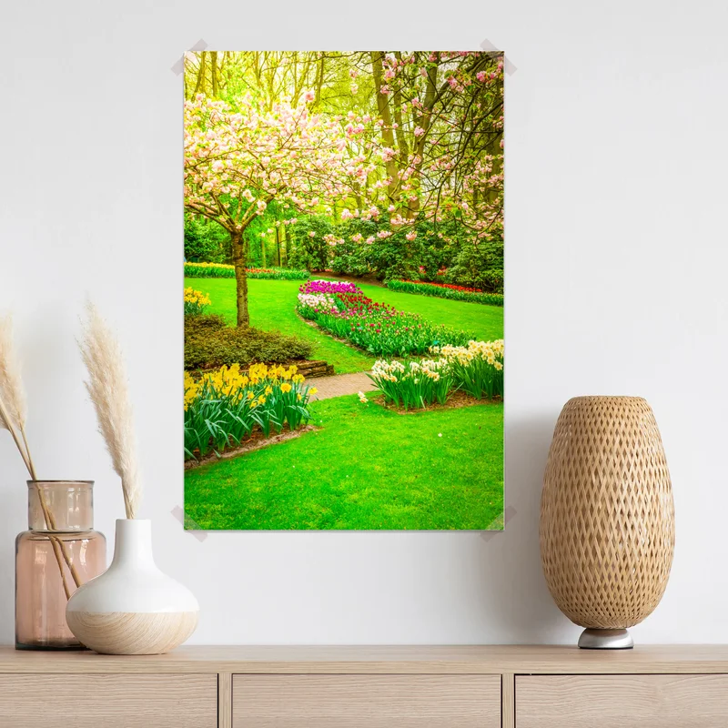 Poster frühlingsgarten in blüte: tulpen und kirschblüten Poster frühlingsgarten in blüte: tulpen und kirschblüten