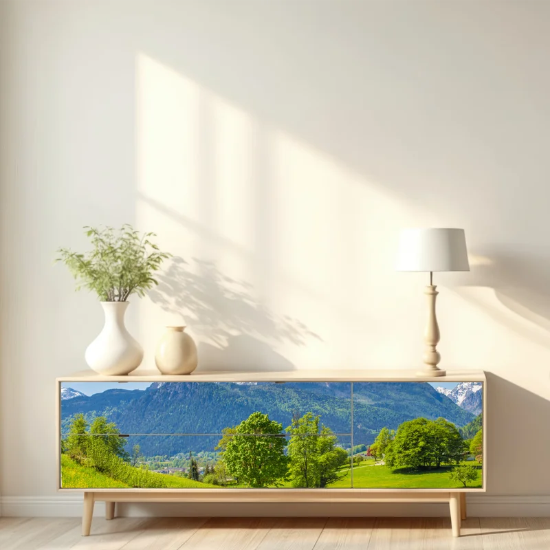 Repositionierbarer Aufkleber ruhige alpenwiese mit berggipfeln Repositionierbarer Aufkleber ruhige alpenwiese mit berggipfeln