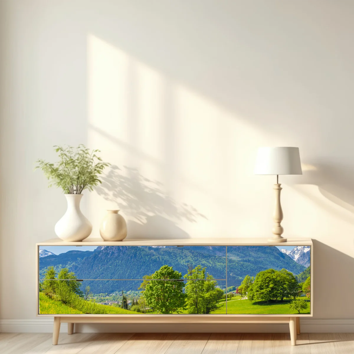 Repositionierbarer Aufkleber ruhige alpenwiese mit berggipfeln Repositionierbarer Aufkleber ruhige alpenwiese mit berggipfeln